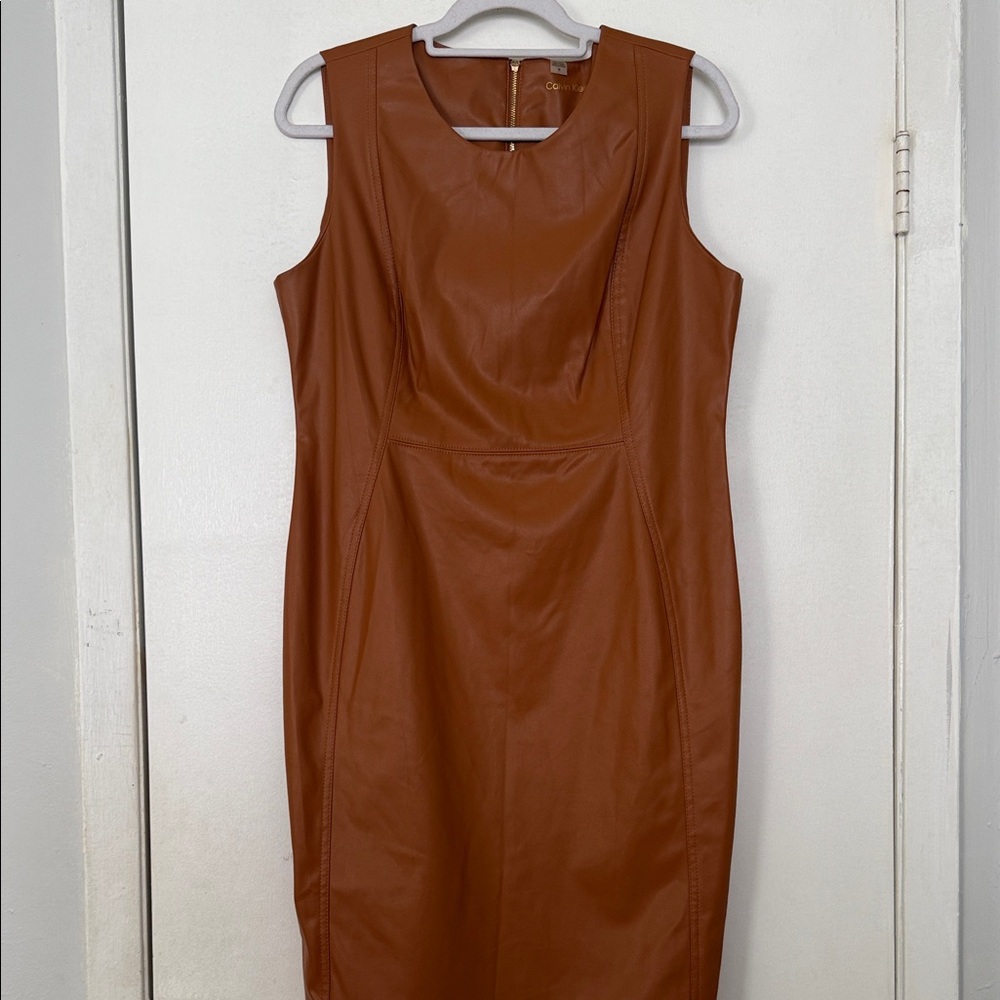 Calvin Klein Rich Brown Faux Leather Midi Dress